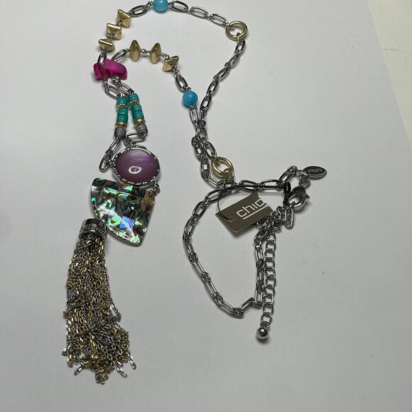 Chico's long pendant necklace mixed metals silver tone signed costume jewelry - Picture 7 of 13